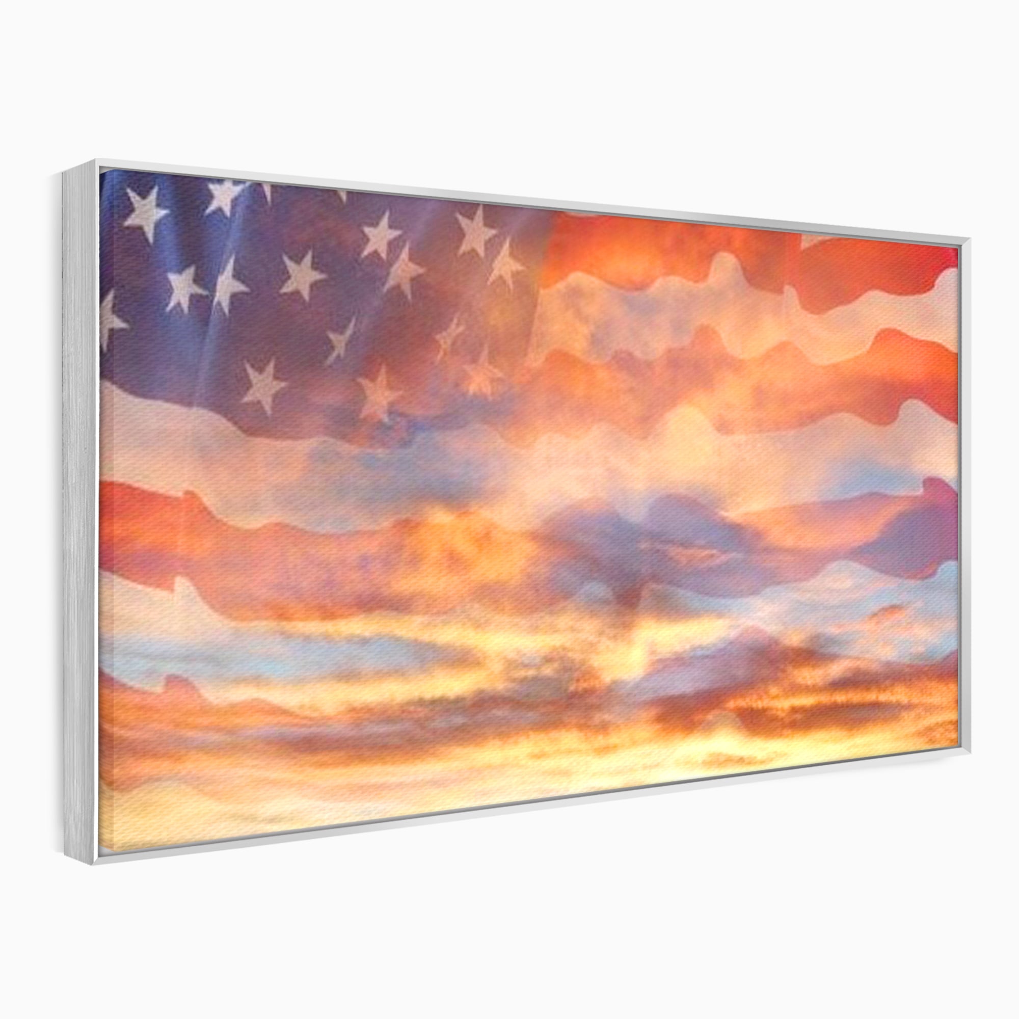 Tablou canvas cu tablou canvas cu steagul american si apus, in rama de aluminiu argintiu